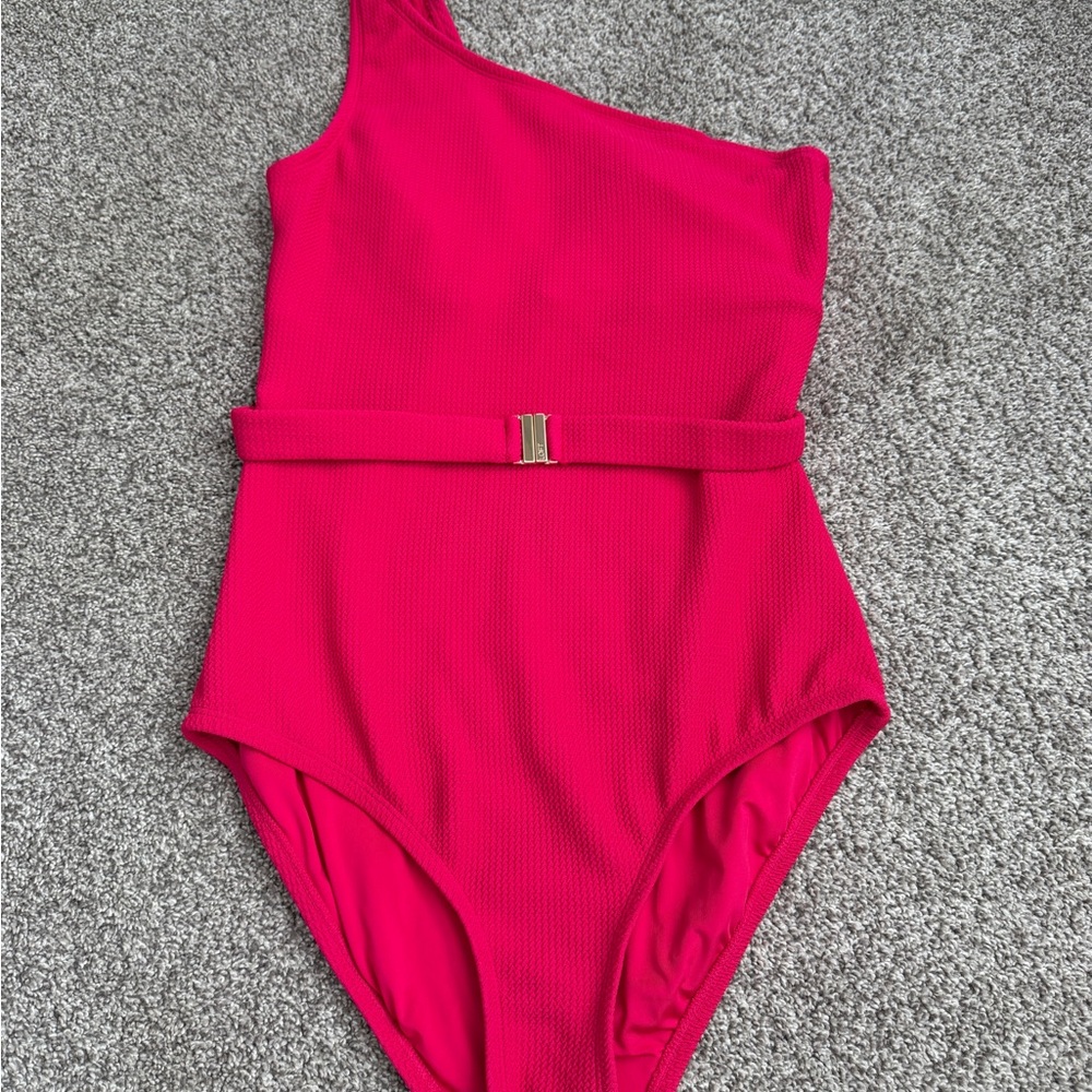 LOFT One-Shoulder Hot Pink Textured One-Piece Swimsuit